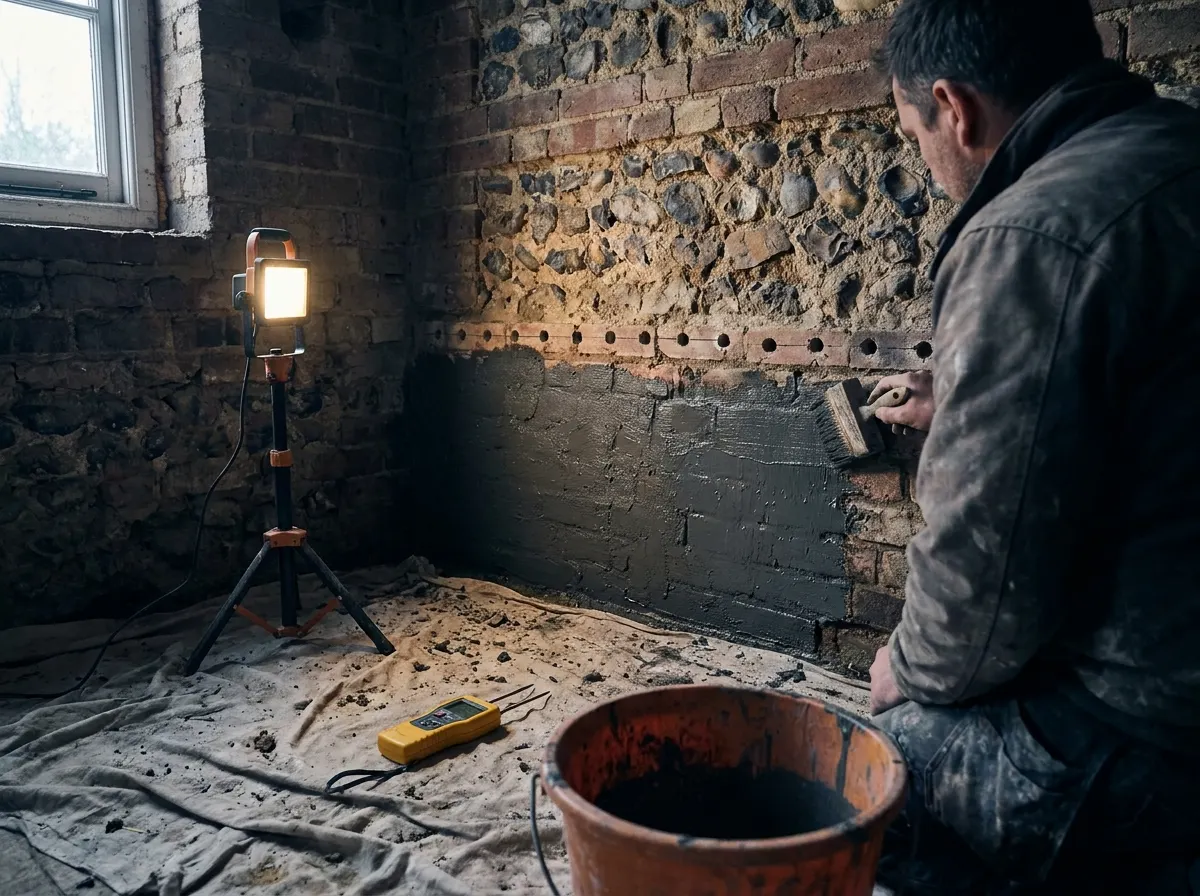 Damp proofing in progress, a brick wall hacked back with a fresh line of damp proof course injection holes