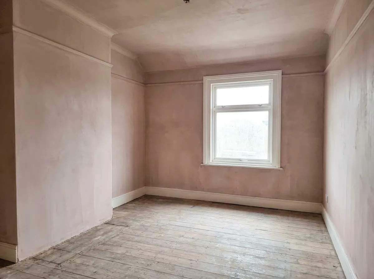 The same period bedroom after plastering, with flat freshly skimmed walls and a smooth ceiling