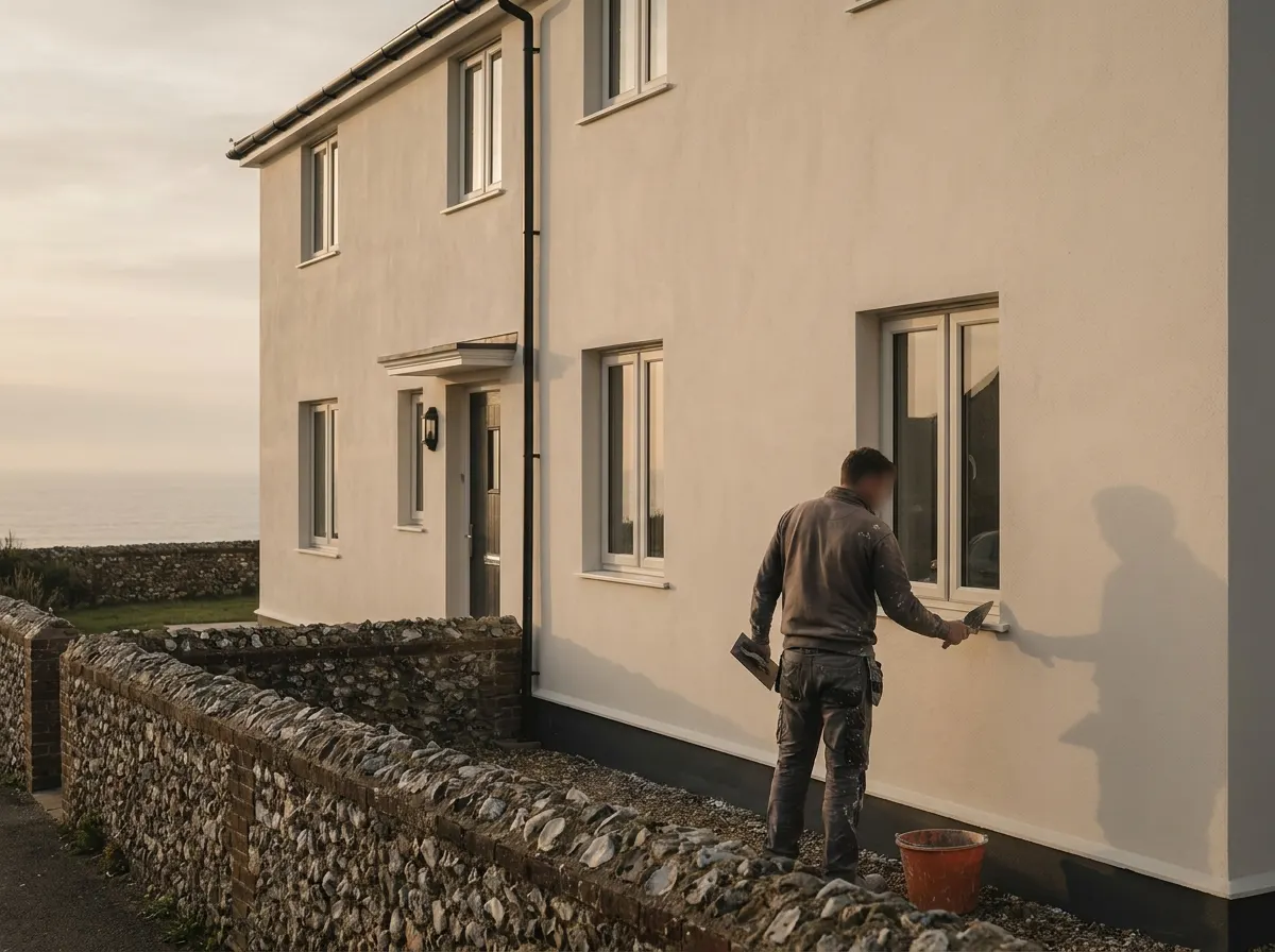 A completed smooth silicone render on a coastal semi-detached house with a flint garden wall