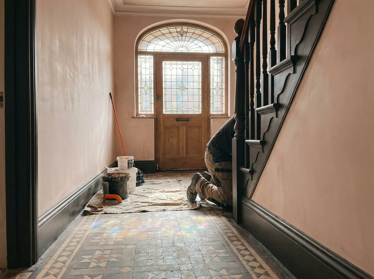 A newly re-plastered Victorian hallway and staircase with restored spindles and deep skirting