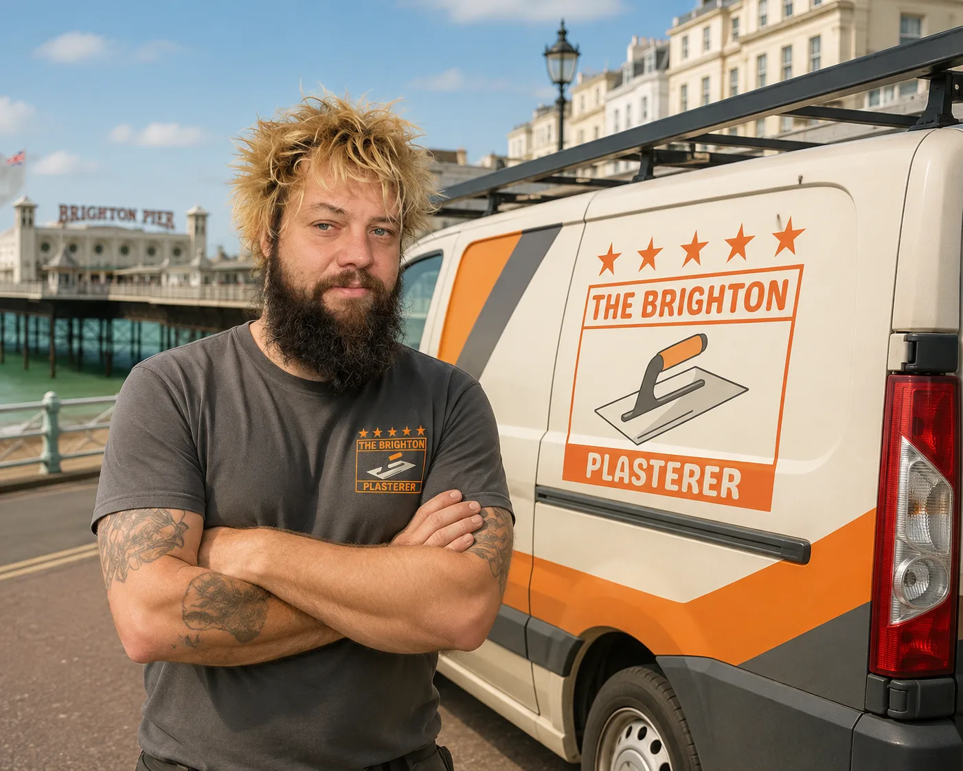 James standing beside his liveried Brighton Plasterer van on Brighton seafront, with the pier in the background